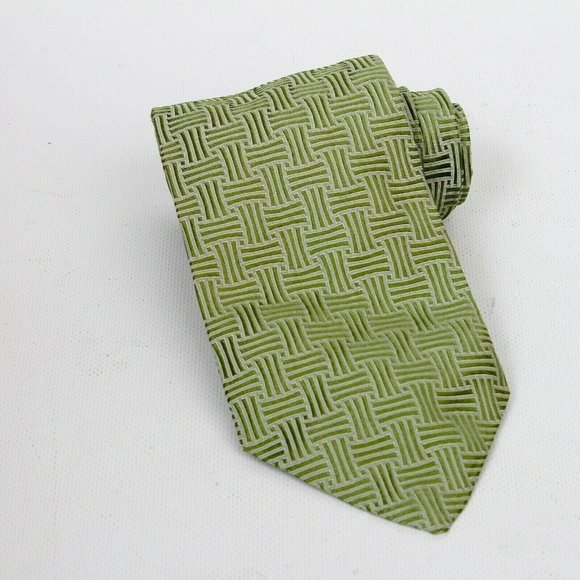 Brooks Brothers 346 Green Checkered Woven Stripe Silk Mens Necktie Tie Ties USA - Picture 1 of 4